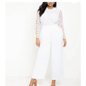 NWT Eloquii Lauren White Scalloped Lace Wide Leg Long Sleeve Jumpsuit